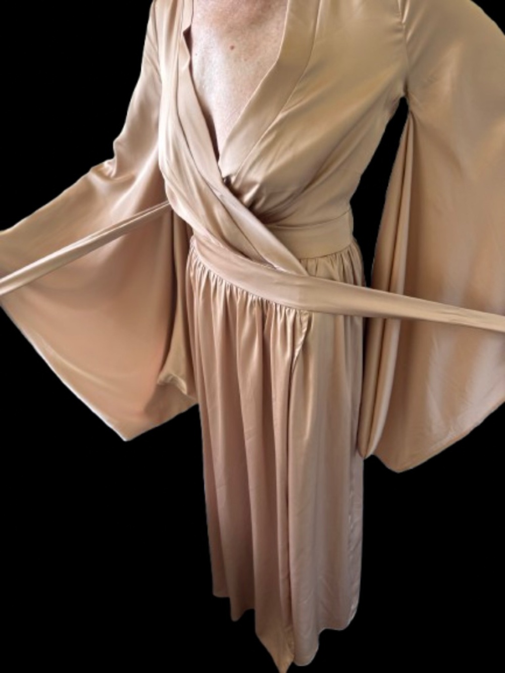Rose gold dressing gown / robe with kimono sleeves and set-in belt.